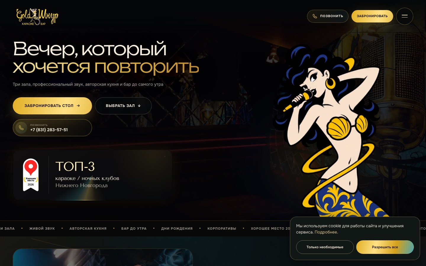 Сайт караоке-бара Gold Шнур: главный экран